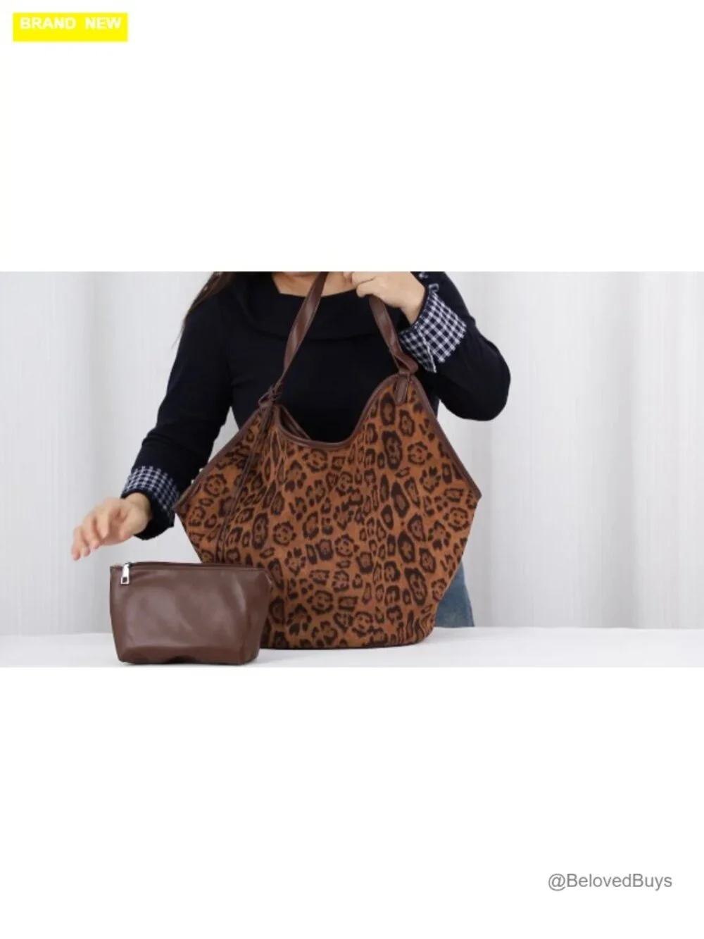 Faux Suede Leather Leopard Tote Bag for Women Large Capacity Hobo Purse with - Picture 7 of 7
